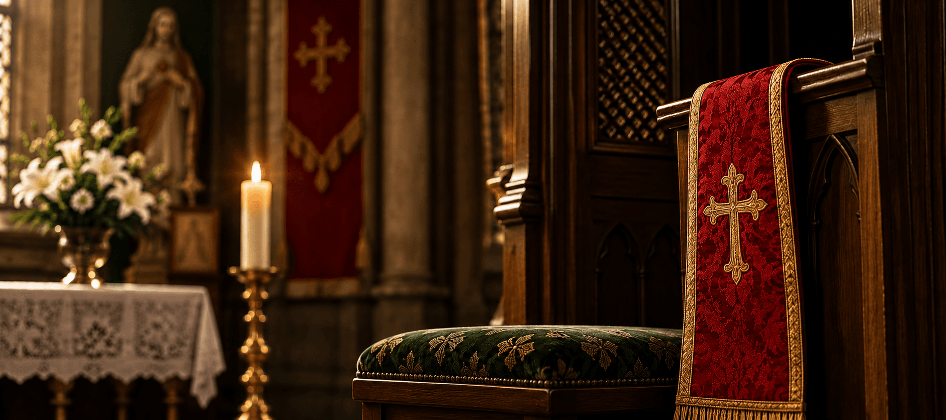 Altar de igreja católica com toalha de renda e castiçais acesos
