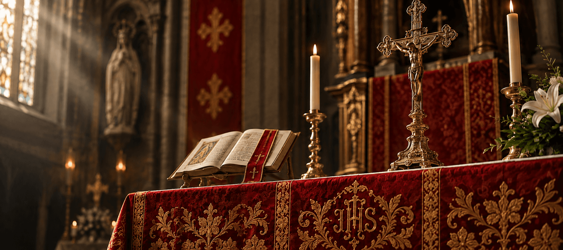 Altar de igreja católica com toalha de renda e castiçais acesos