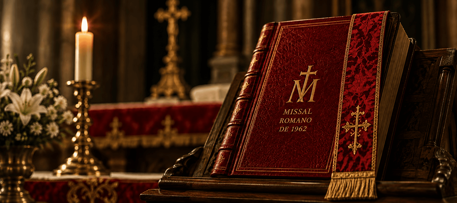 Altar de igreja católica com toalha de renda e castiçais acesos