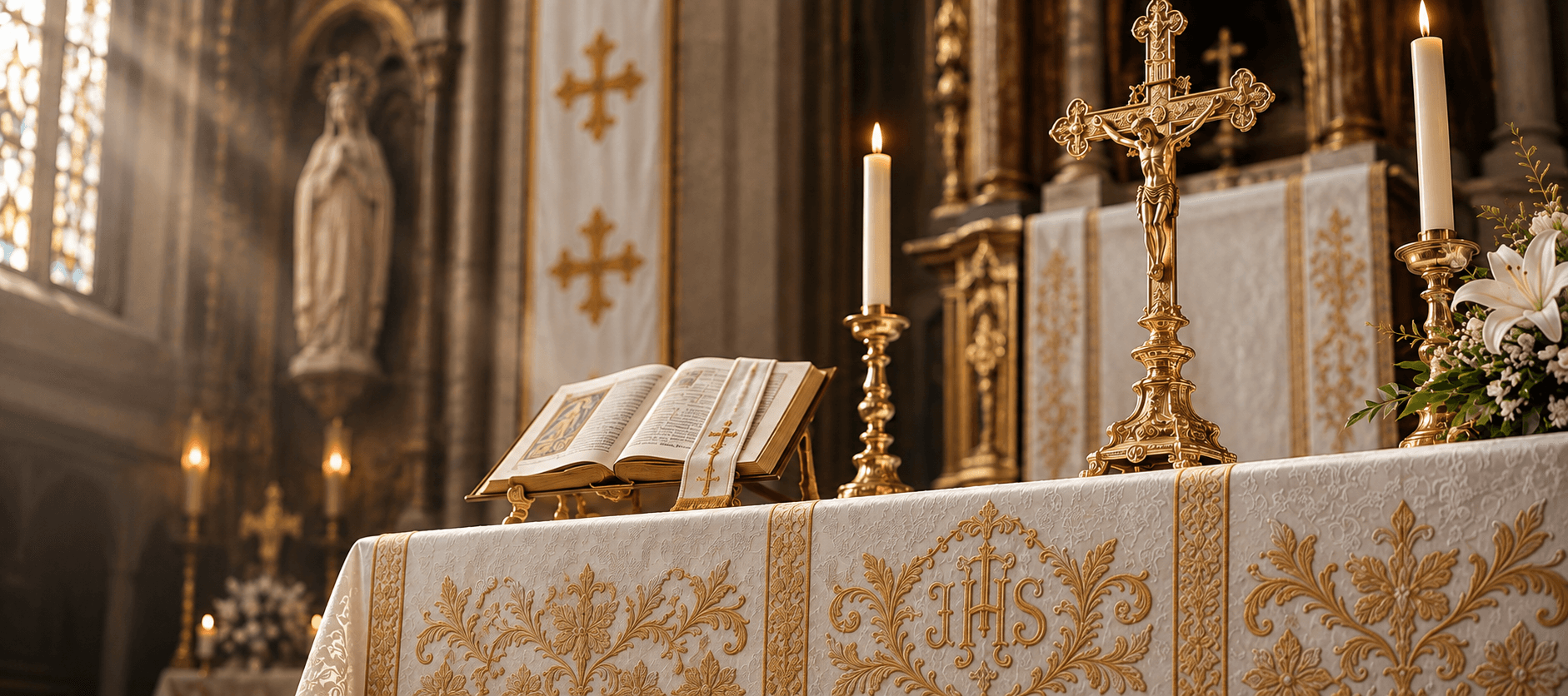 Altar de igreja católica com toalha de renda e castiçais acesos