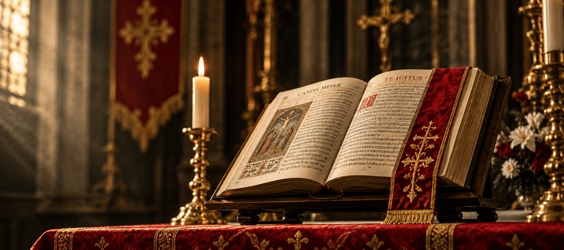 Altar de igreja católica com toalha de renda e castiçais acesos